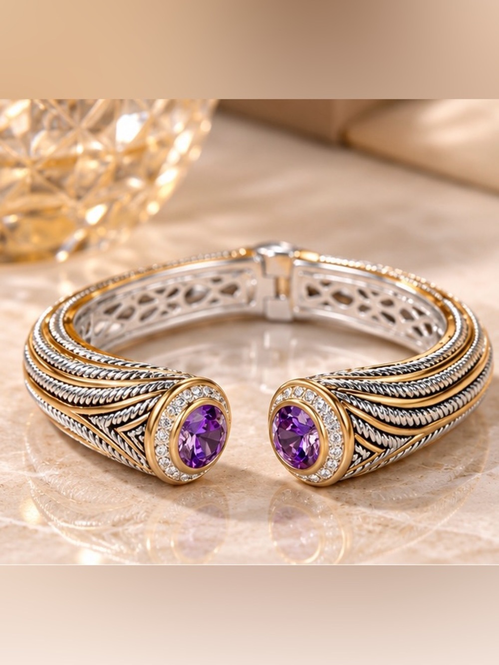 Two Tone Purple Crystal Hinged Cuff Bracelet Statement Jewelry